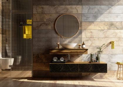 Luxury Bathroom Interior With Shower, Toilet, Mirror And Yel